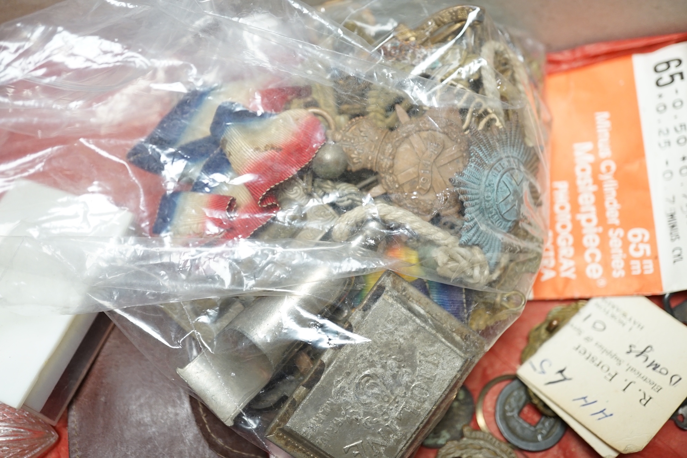 A collection of mixed collectables to include a plated Mercury car mascot, military badges and buttons, a plated double bass vesta on silver Albert, faux tortoishell snuff box etc.